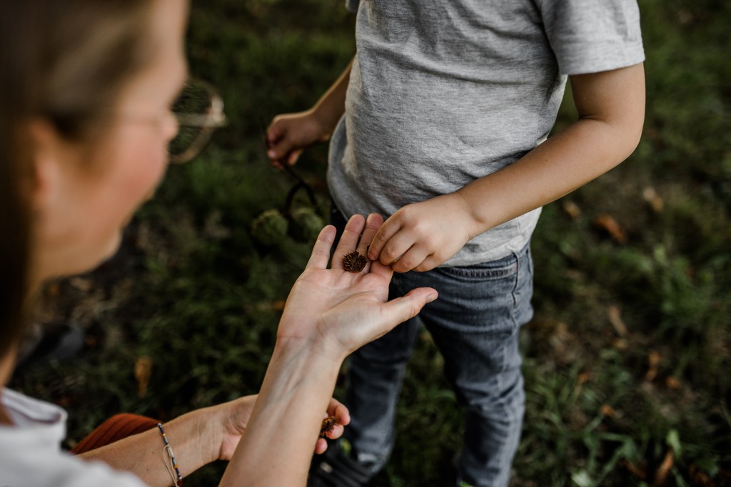 Ein Erwachsener gibt einem Kind etwas Kleines in die Hand, während sie im Freien stehen. Das Kind trägt ein graues T-Shirt und schaut interessiert.